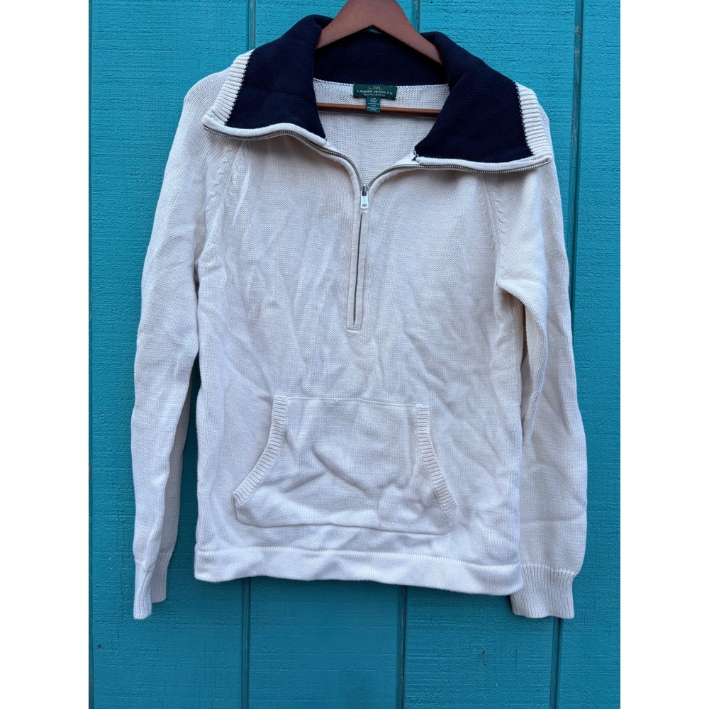 Lauren‎ Ralph Lauren Grandpacore Nautical Navy Quarter Zip Cotton Knit Sweater